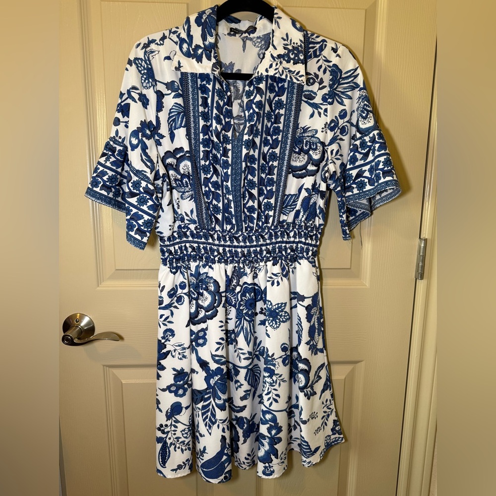 SHEIN White Dress with Blue Floral Print